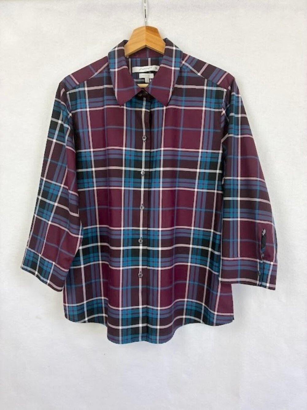 Foxcroft NYC Button Up Shirt 3/4 Sleeve Plaid Fitted Grandma Core Academia 14